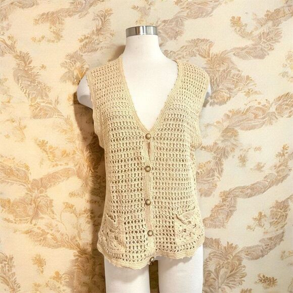 Vintage Country Classics Crochet Woven Sweater Vest Tan Medium - Picture 1 of 6